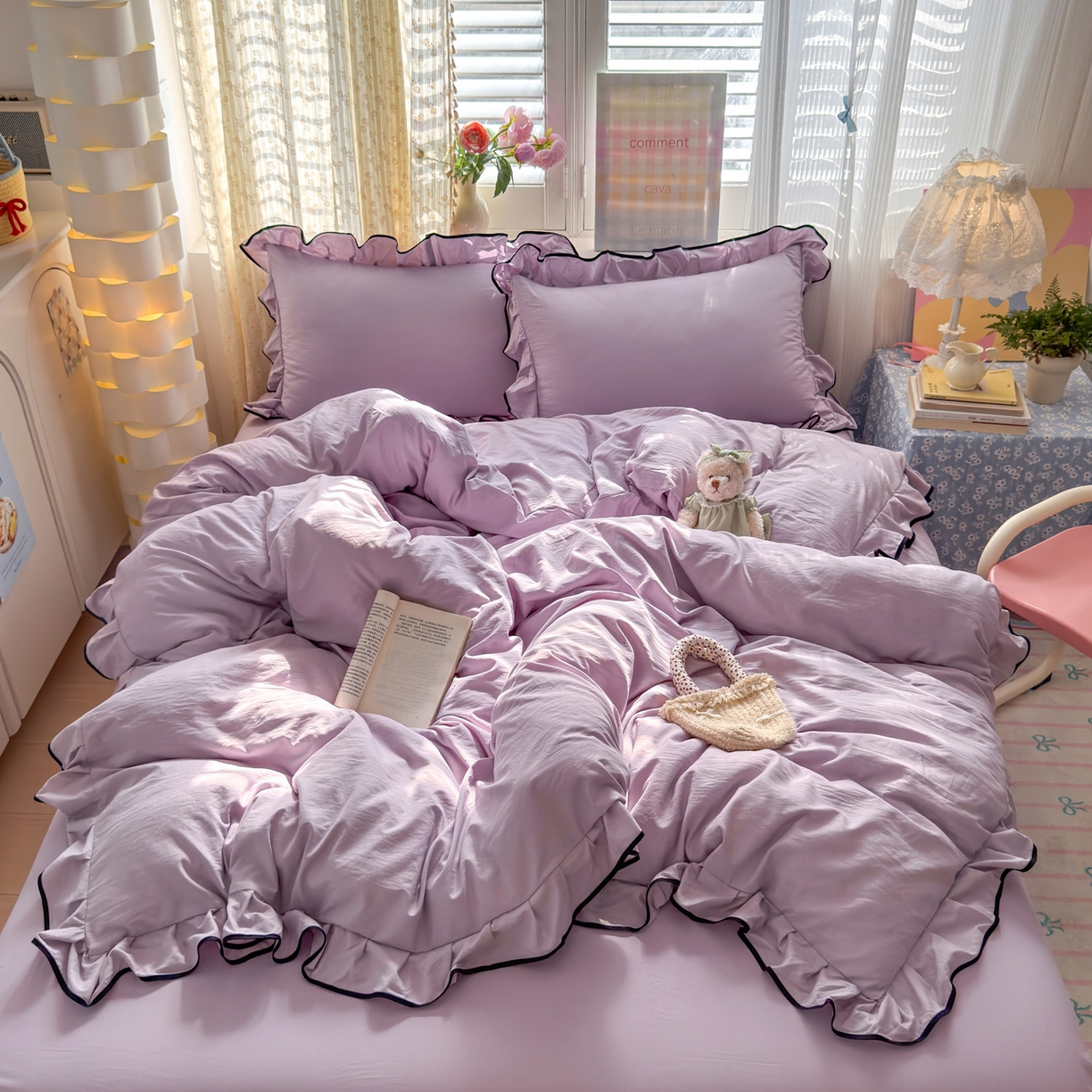 喜颜 2025新款爆款超柔水洗糯糯棉花边四件套学生宿舍单人三件套 浅紫-花边款