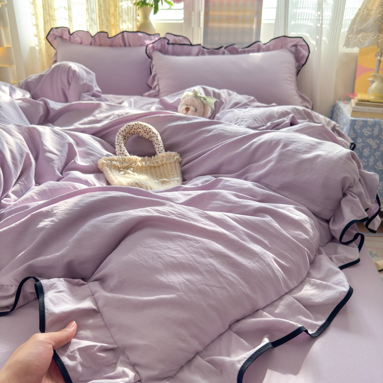91家纺网 家纺一手货源 找家纺 喜颜 2025新款爆款超柔水洗糯糯棉花边四件套学生宿舍单人三件套 浅紫-花边款