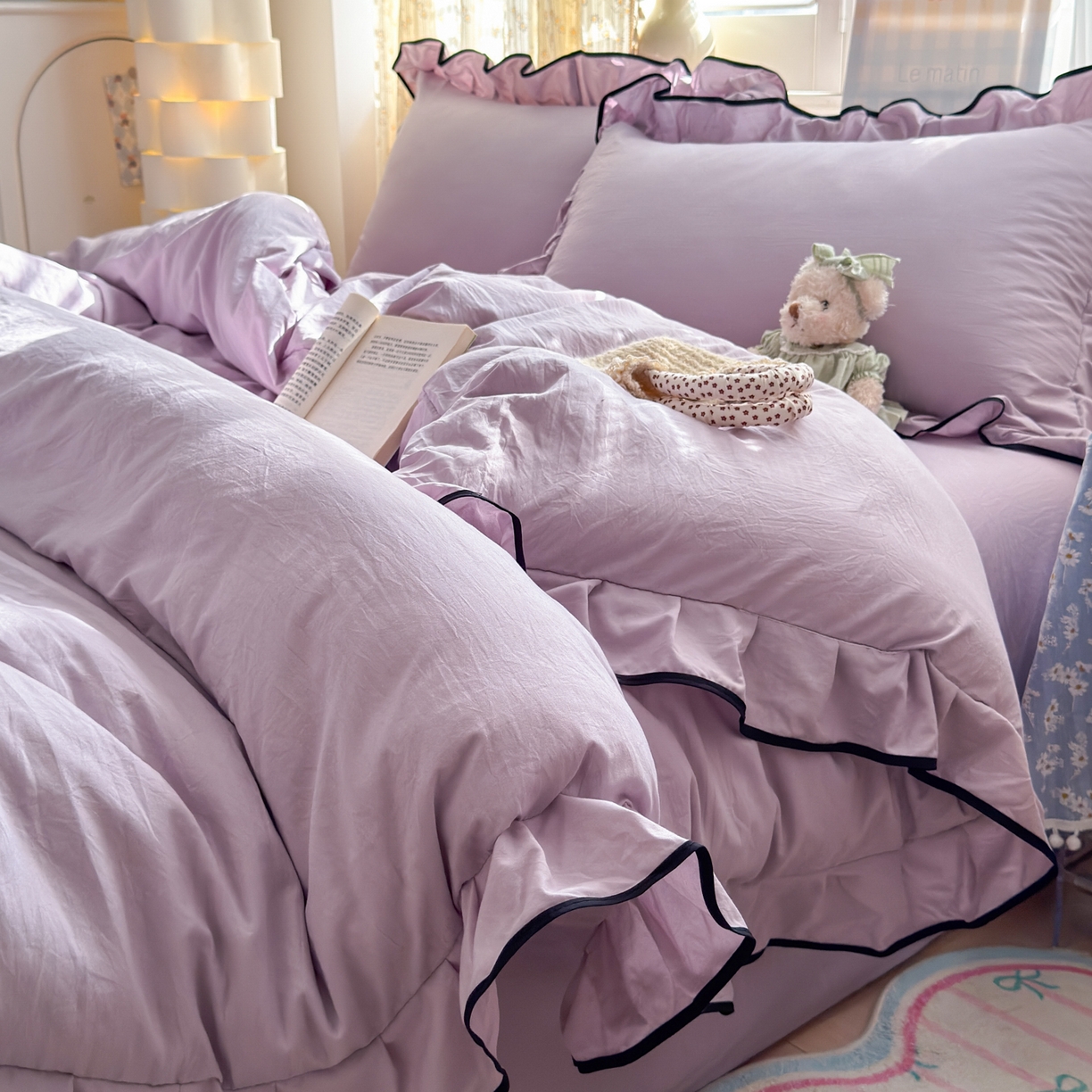 91家纺网 家纺一手货源 找家纺 喜颜 2025新款爆款超柔水洗糯糯棉花边四件套学生宿舍单人三件套 浅紫-花边款