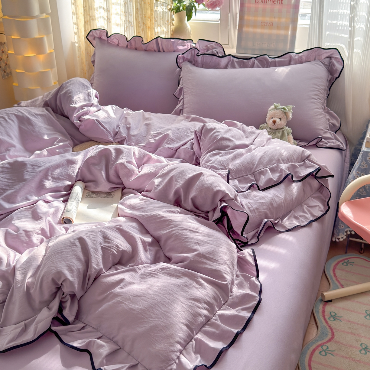 91家纺网 家纺一手货源 找家纺 喜颜 2025新款爆款超柔水洗糯糯棉花边四件套学生宿舍单人三件套 浅紫-花边款