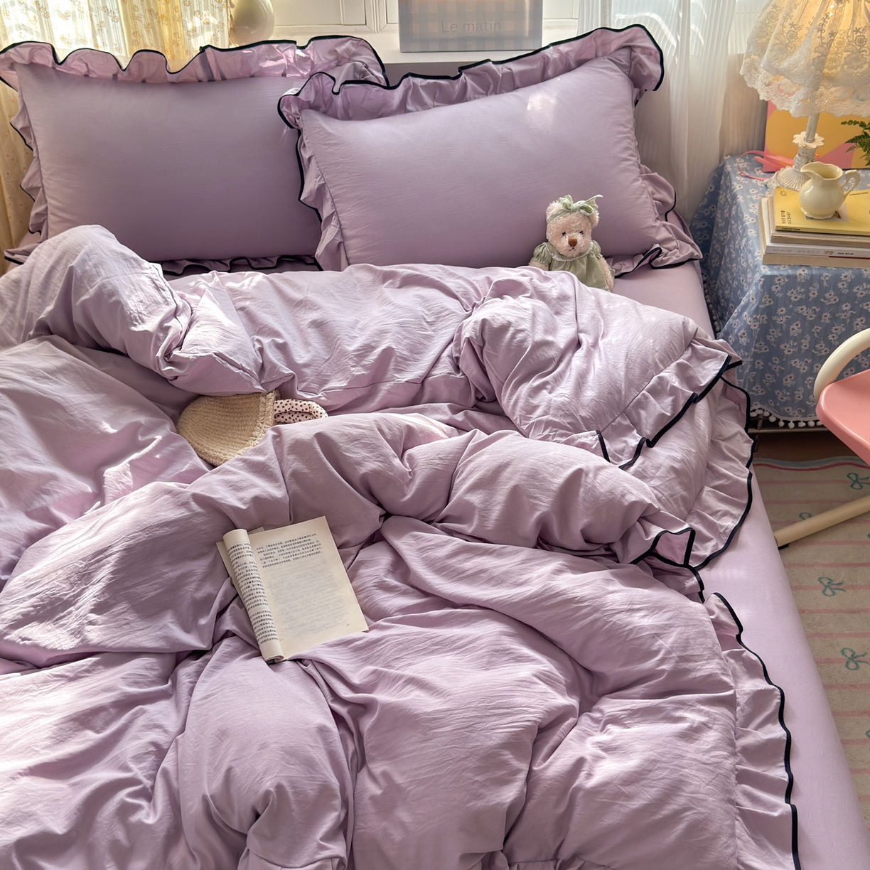 91家纺网 家纺一手货源 找家纺 喜颜 2025新款爆款超柔水洗糯糯棉花边四件套学生宿舍单人三件套 浅紫-花边款