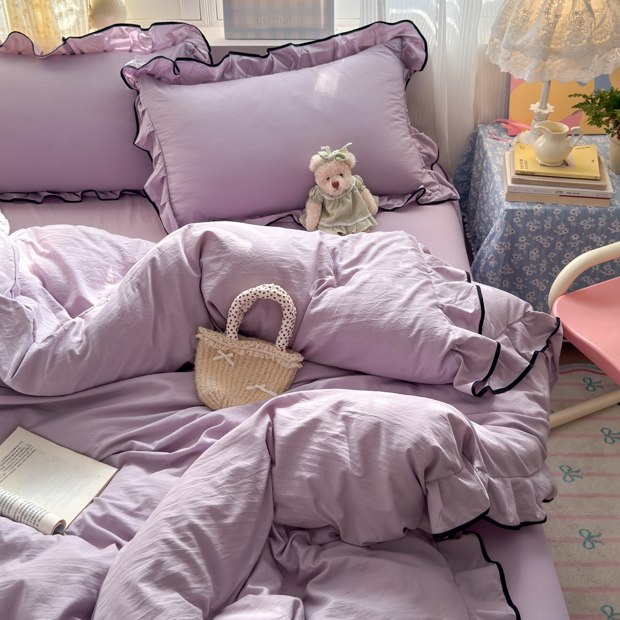 91家纺网 家纺一手货源 找家纺 喜颜 2025新款爆款超柔水洗糯糯棉花边四件套学生宿舍单人三件套 浅紫-花边款