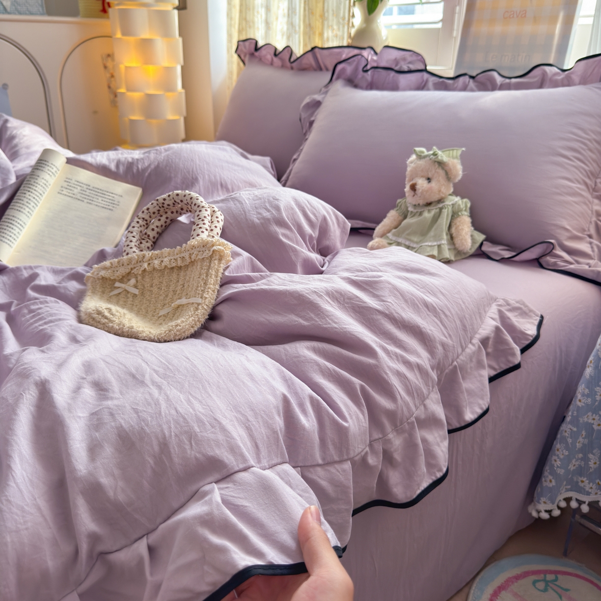 91家纺网 家纺一手货源 找家纺 喜颜 2025新款爆款超柔水洗糯糯棉花边四件套学生宿舍单人三件套 浅紫-花边款