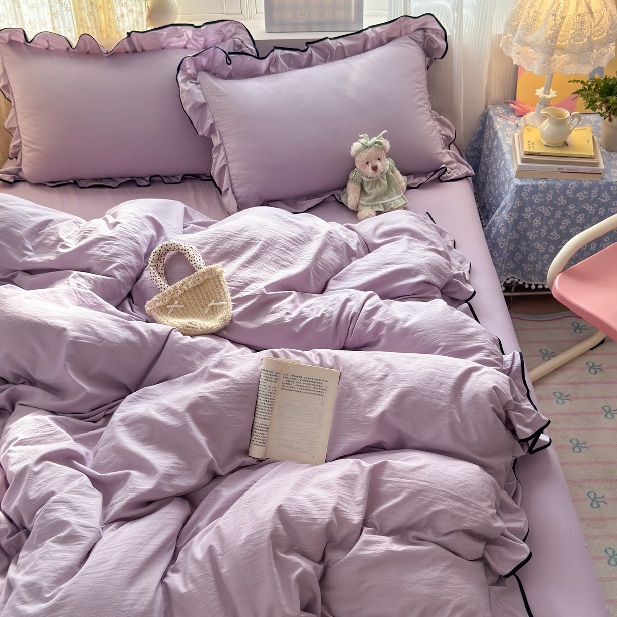 91家纺网 家纺一手货源 找家纺 喜颜 2025新款爆款超柔水洗糯糯棉花边四件套学生宿舍单人三件套 浅紫-花边款