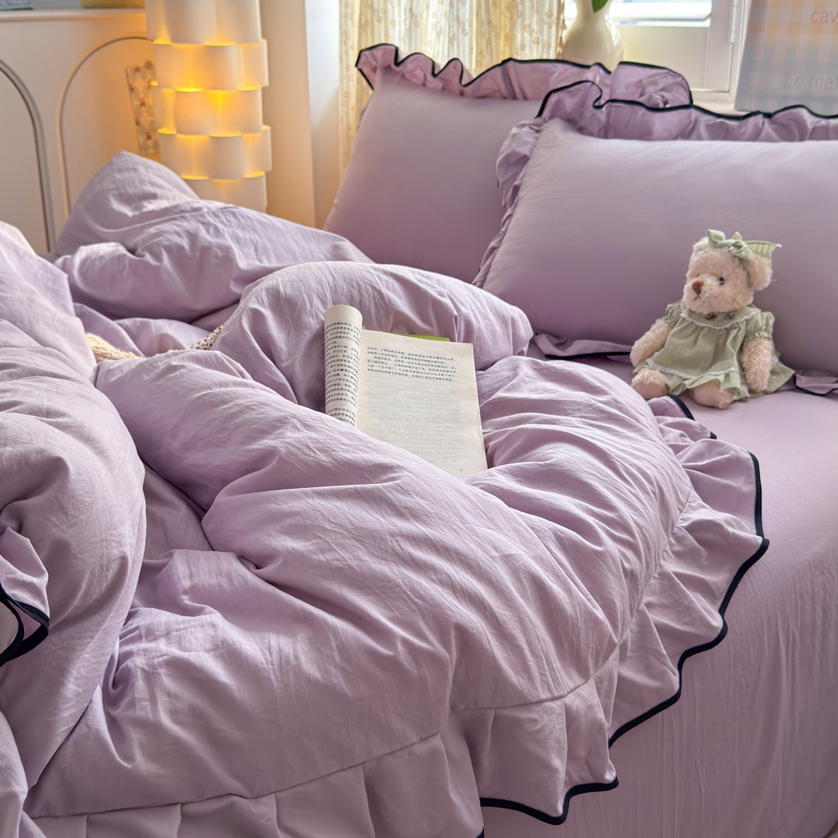 91家纺网 家纺一手货源 找家纺 喜颜 2025新款爆款超柔水洗糯糯棉花边四件套学生宿舍单人三件套 浅紫-花边款