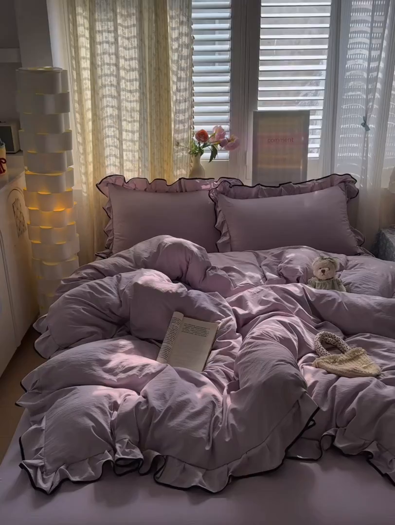 91家纺网 家纺一手货源 找家纺 喜颜 2025新款爆款超柔水洗糯糯棉花边四件套学生宿舍单人三件套 浅紫-花边款