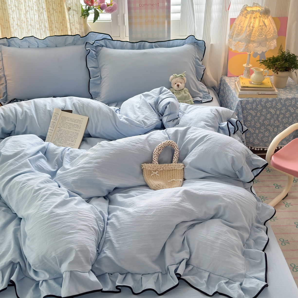 91家纺网 家纺一手货源 找家纺 喜颜 2025新款爆款超柔水洗糯糯棉花边四件套学生宿舍单人三件套 柔雾蓝-花边款