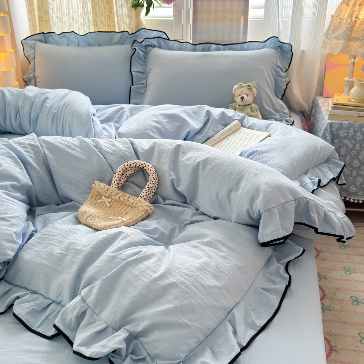 91家纺网 家纺一手货源 找家纺 喜颜 2025新款爆款超柔水洗糯糯棉花边四件套学生宿舍单人三件套 柔雾蓝-花边款