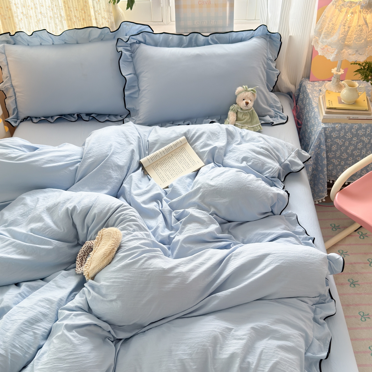 91家纺网 家纺一手货源 找家纺 喜颜 2025新款爆款超柔水洗糯糯棉花边四件套学生宿舍单人三件套 柔雾蓝-花边款