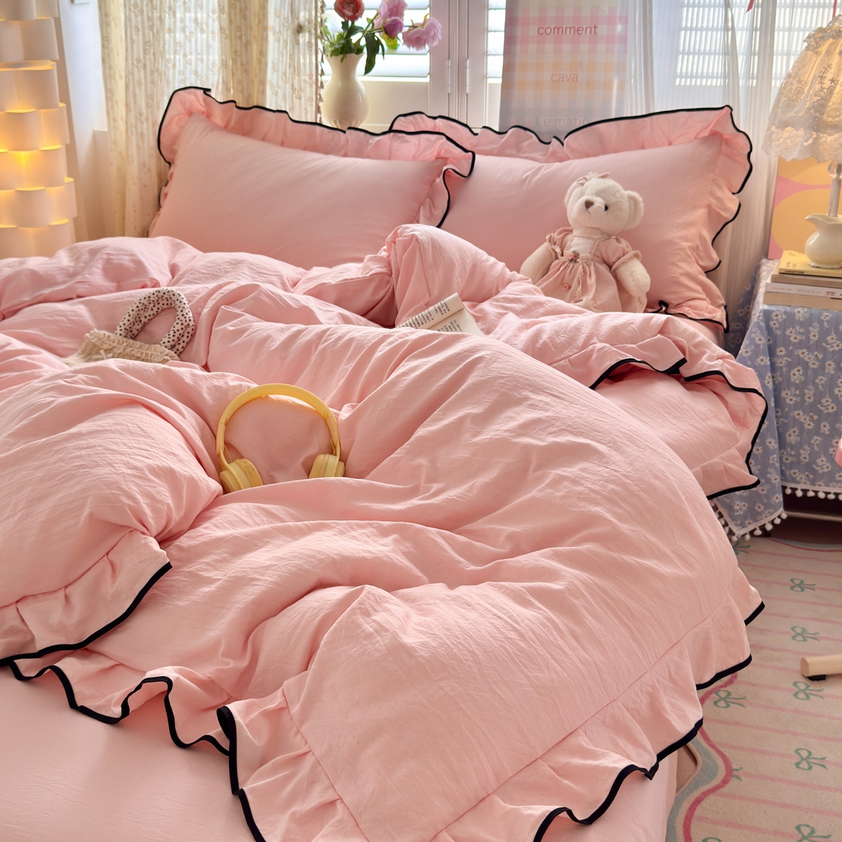 91家纺网 家纺一手货源 找家纺 喜颜 2025新款爆款超柔水洗糯糯棉花边四件套学生宿舍单人三件套 仙女粉-花边款