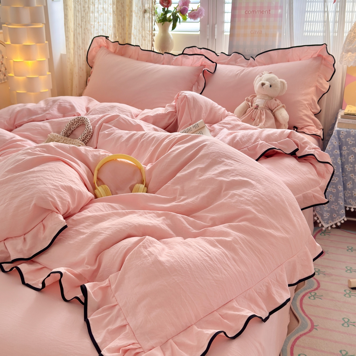 91家纺网 家纺一手货源 找家纺 喜颜 2025新款爆款超柔水洗糯糯棉花边四件套学生宿舍单人三件套 仙女粉-花边款