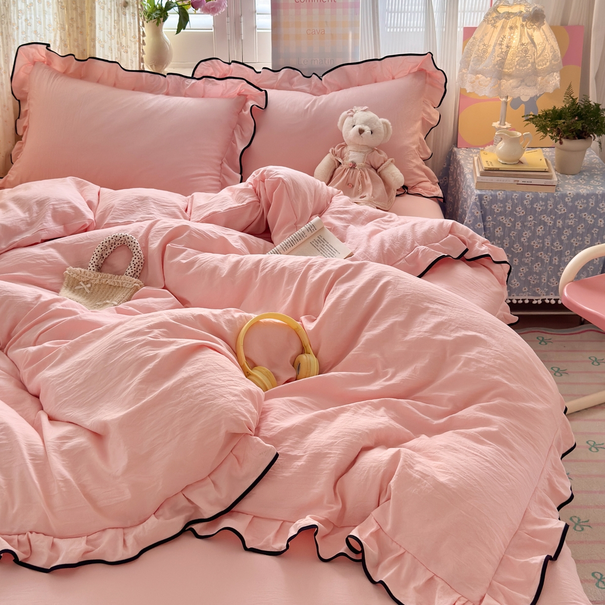 91家纺网 家纺一手货源 找家纺 喜颜 2025新款爆款超柔水洗糯糯棉花边四件套学生宿舍单人三件套 仙女粉-花边款