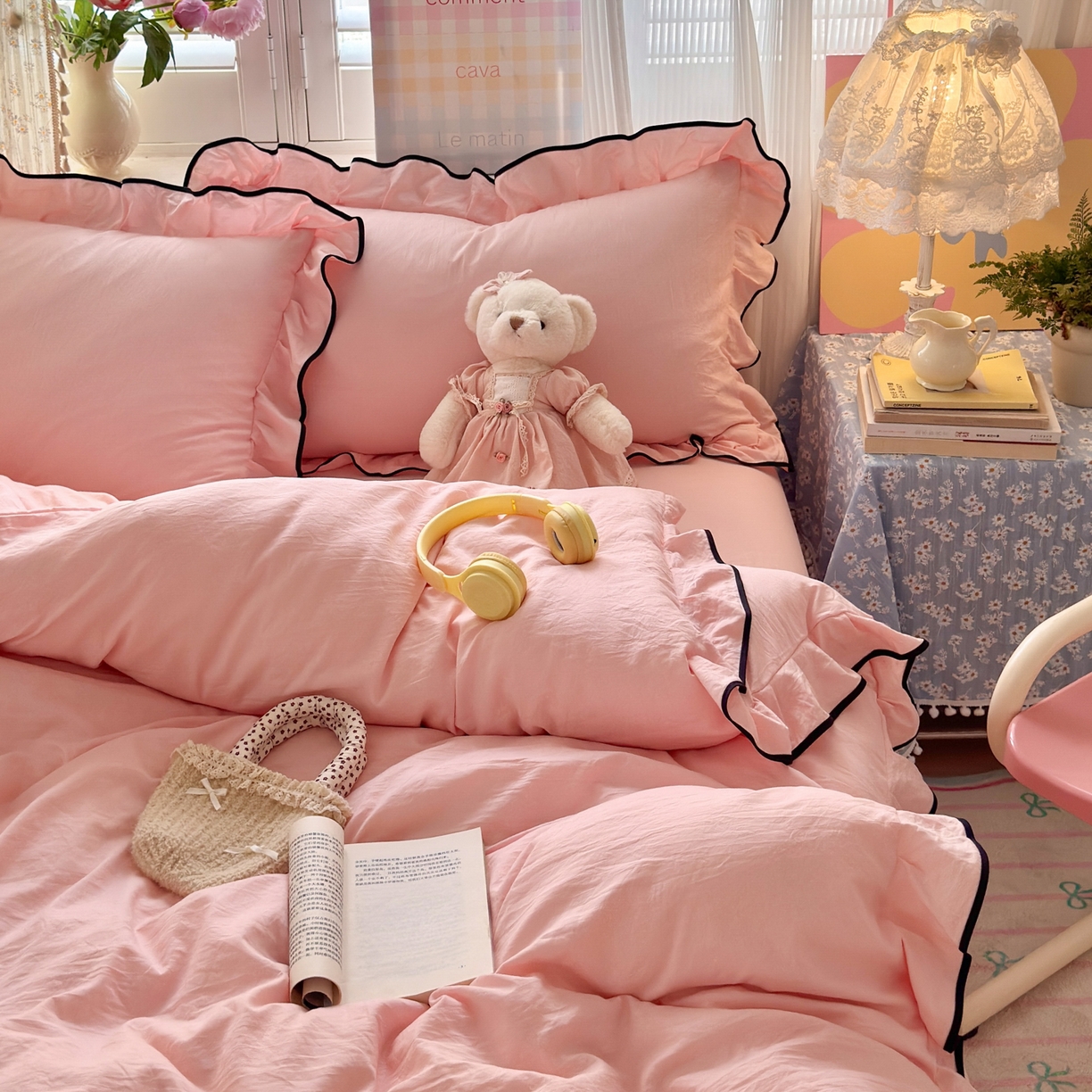 91家纺网 家纺一手货源 找家纺 喜颜 2025新款爆款超柔水洗糯糯棉花边四件套学生宿舍单人三件套 仙女粉-花边款