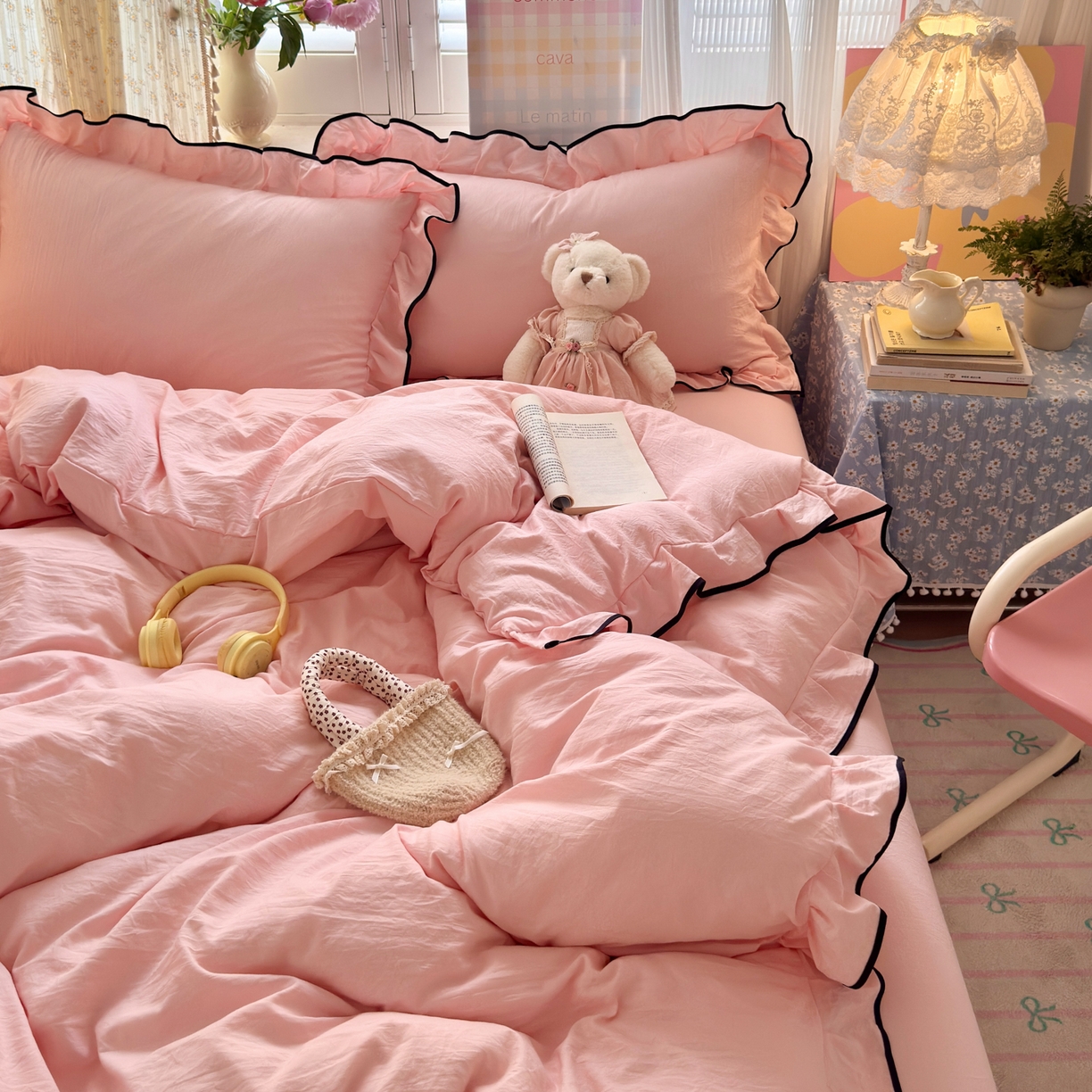 91家纺网 家纺一手货源 找家纺 喜颜 2025新款爆款超柔水洗糯糯棉花边四件套学生宿舍单人三件套 仙女粉-花边款