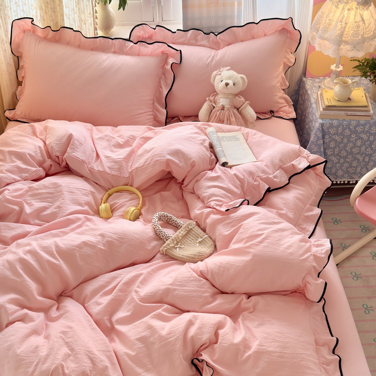 91家纺网 家纺一手货源 找家纺 喜颜 2025新款爆款超柔水洗糯糯棉花边四件套学生宿舍单人三件套 仙女粉-花边款