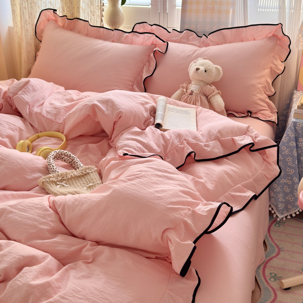 91家纺网 家纺一手货源 找家纺 喜颜 2025新款爆款超柔水洗糯糯棉花边四件套学生宿舍单人三件套 仙女粉-花边款