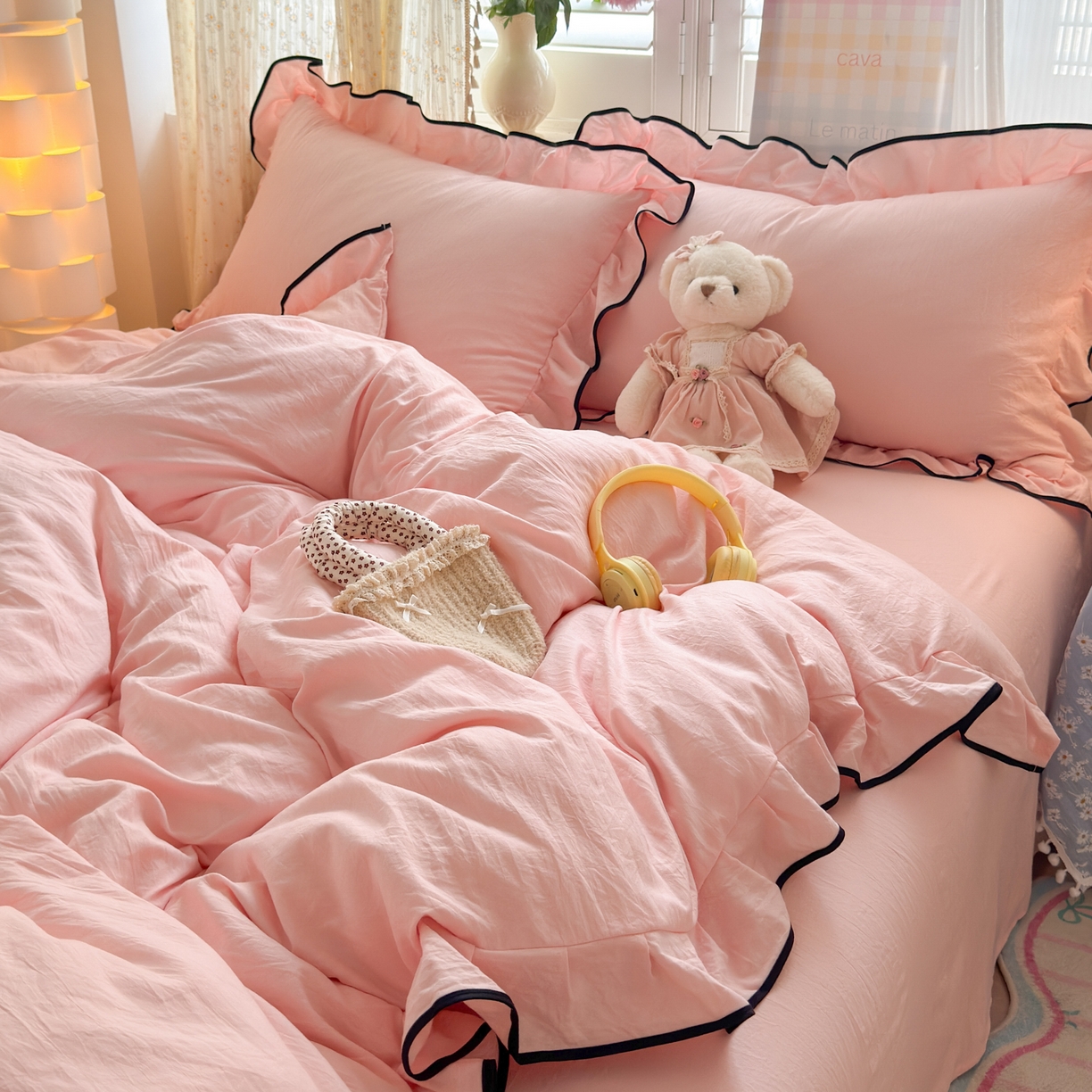 91家纺网 家纺一手货源 找家纺 喜颜 2025新款爆款超柔水洗糯糯棉花边四件套学生宿舍单人三件套 仙女粉-花边款