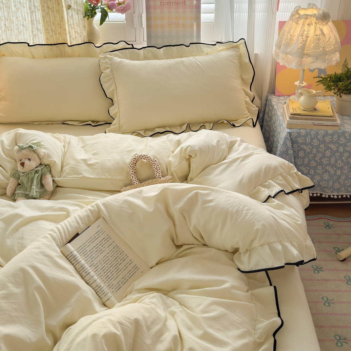 91家纺网 家纺一手货源 找家纺 喜颜 2025新款爆款超柔水洗糯糯棉花边四件套学生宿舍单人三件套 芝士黄-花边款