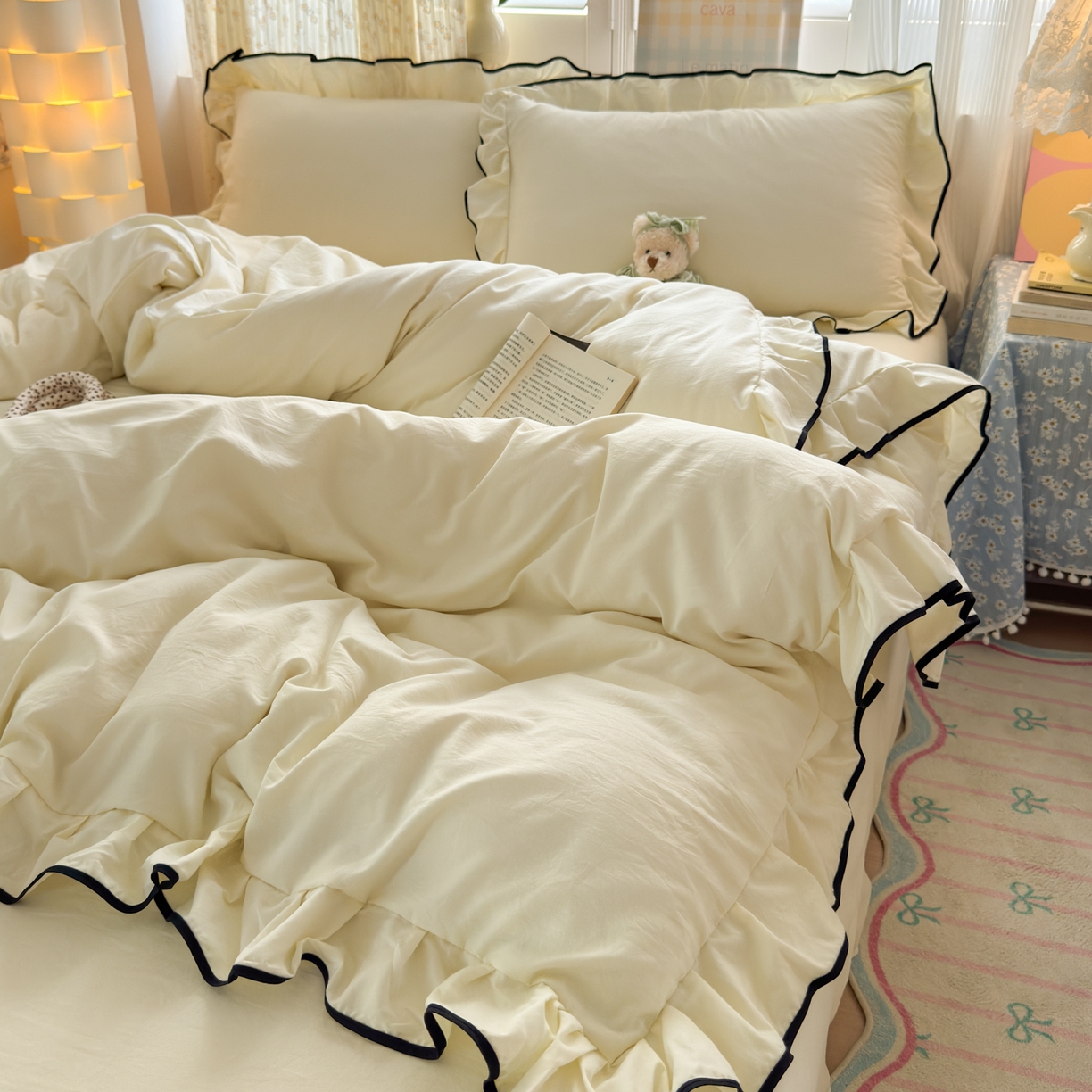 91家纺网 家纺一手货源 找家纺 喜颜 2025新款爆款超柔水洗糯糯棉花边四件套学生宿舍单人三件套 芝士黄-花边款