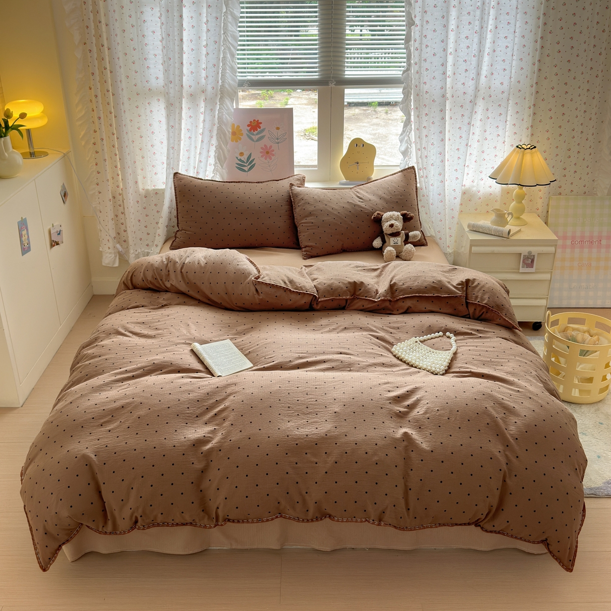 喜颜 2025新款云感提花双层纱爆款贝壳边四件套 贝壳边-波点咖