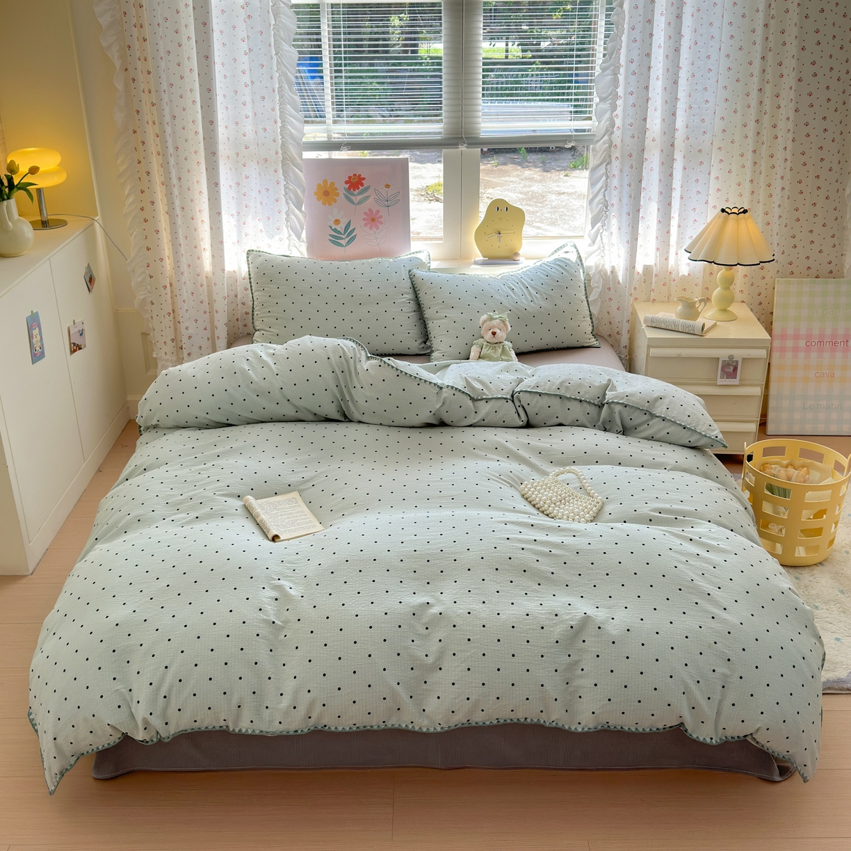 喜颜 2025新款云感提花双层纱爆款贝壳边四件套 贝壳边-波点蓝