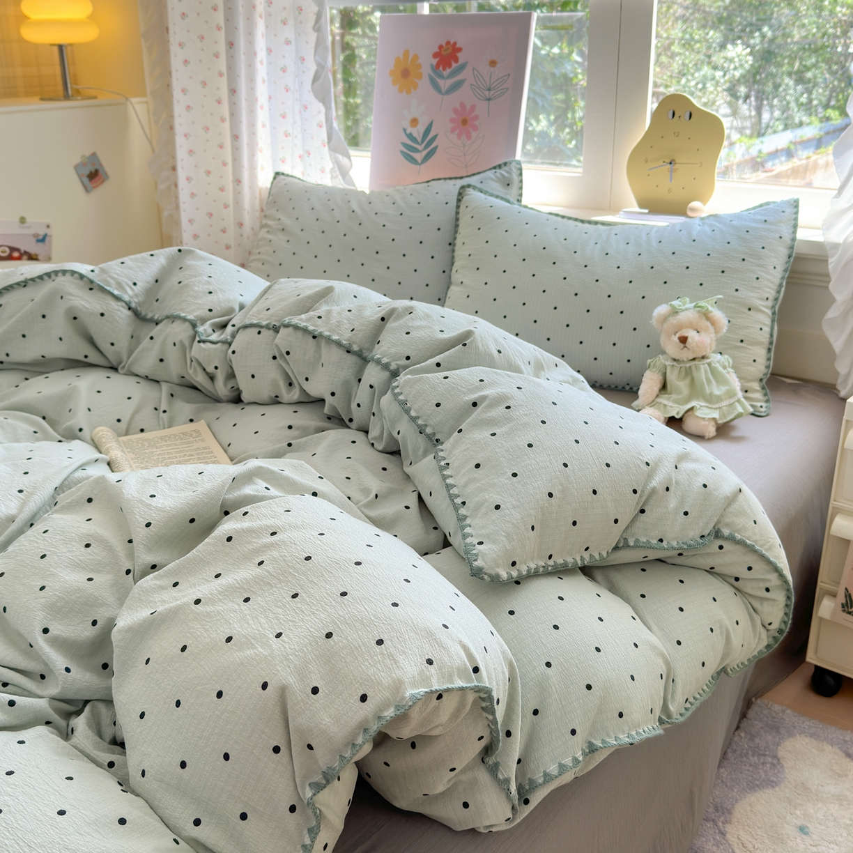 91家纺网 家纺一手货源 找家纺 喜颜 2025新款云感提花双层纱爆款贝壳边四件套 贝壳边-波点蓝