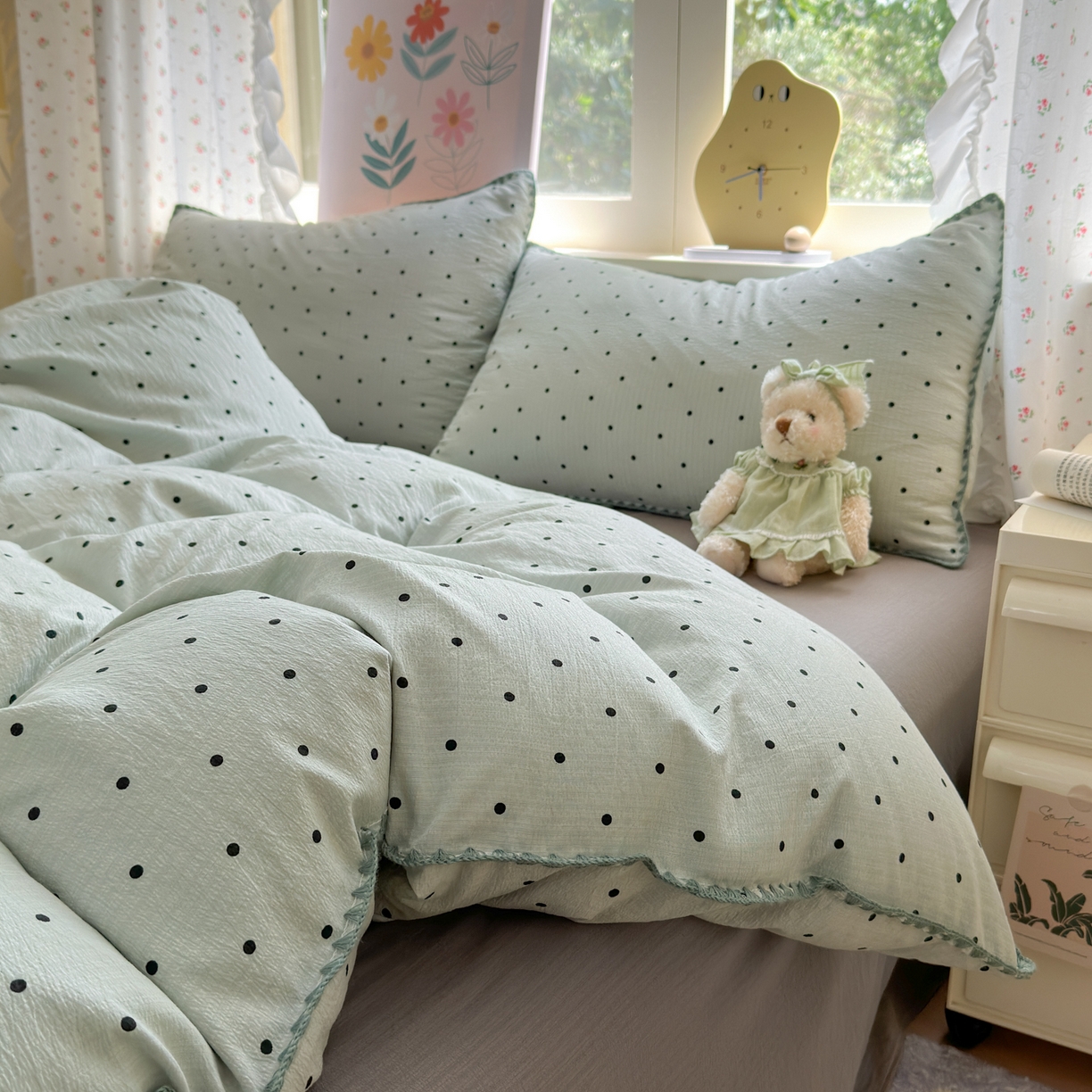 91家纺网 家纺一手货源 找家纺 喜颜 2025新款云感提花双层纱爆款贝壳边四件套 贝壳边-波点蓝