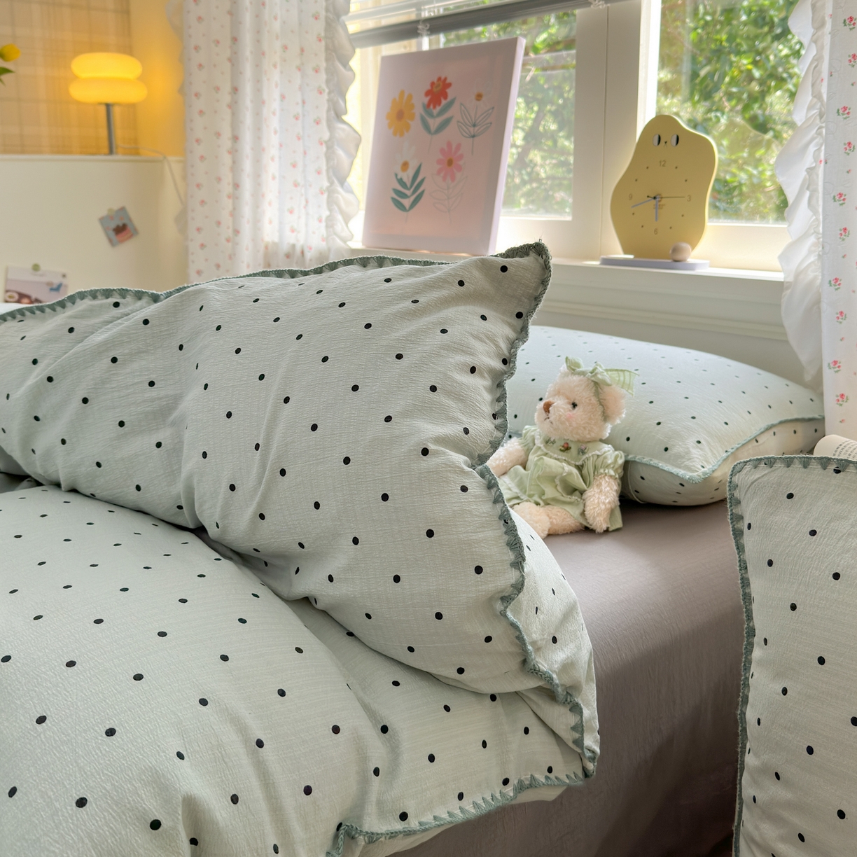 91家纺网 家纺一手货源 找家纺 喜颜 2025新款云感提花双层纱爆款贝壳边四件套 贝壳边-波点蓝