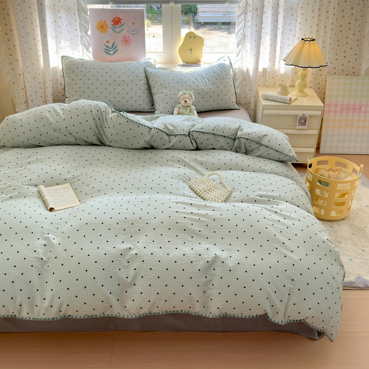 91家纺网 家纺一手货源 找家纺 喜颜 2025新款云感提花双层纱爆款贝壳边四件套 贝壳边-波点蓝