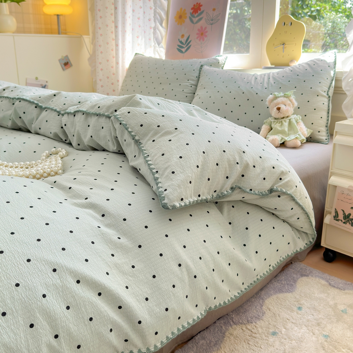 91家纺网 家纺一手货源 找家纺 喜颜 2025新款云感提花双层纱爆款贝壳边四件套 贝壳边-波点蓝