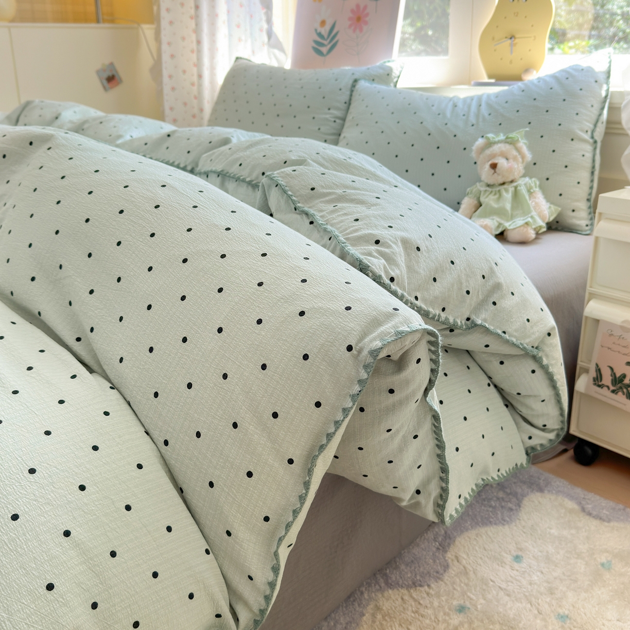 91家纺网 家纺一手货源 找家纺 喜颜 2025新款云感提花双层纱爆款贝壳边四件套 贝壳边-波点蓝