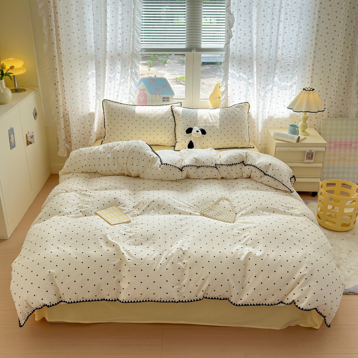 喜颜 2025新款云感提花双层纱爆款贝壳边四件套 贝壳边-波点奶黄