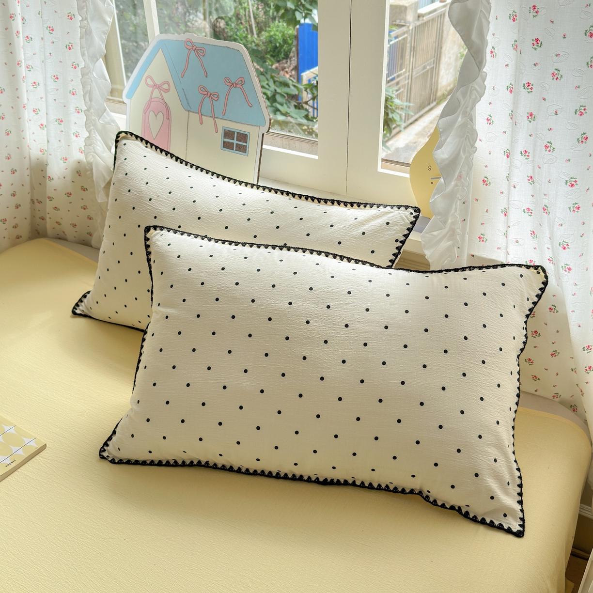 91家纺网 家纺一手货源 找家纺 喜颜 2025新款云感提花双层纱爆款贝壳边四件套 贝壳边-波点奶黄