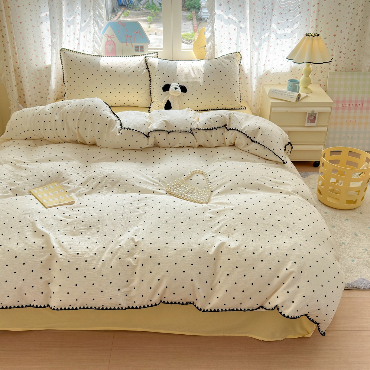 91家纺网 家纺一手货源 找家纺 喜颜 2025新款云感提花双层纱爆款贝壳边四件套 贝壳边-波点奶黄