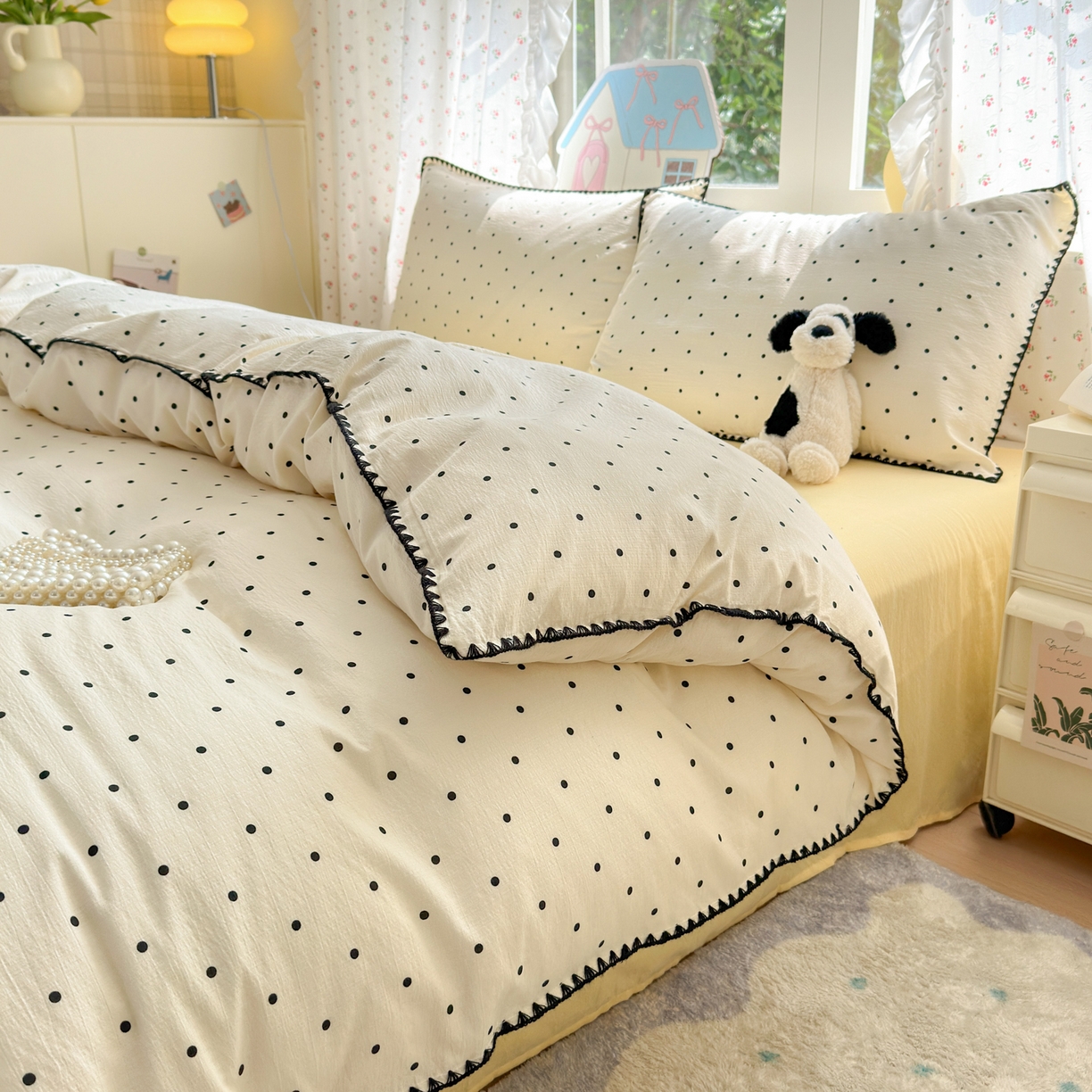 91家纺网 家纺一手货源 找家纺 喜颜 2025新款云感提花双层纱爆款贝壳边四件套 贝壳边-波点奶黄