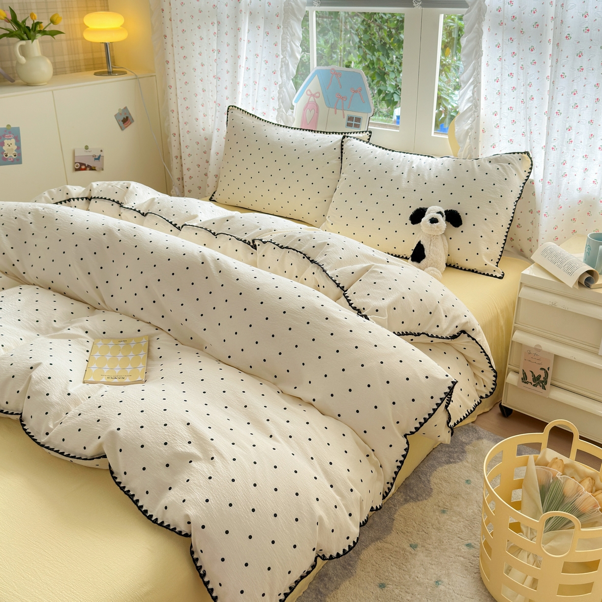 91家纺网 家纺一手货源 找家纺 喜颜 2025新款云感提花双层纱爆款贝壳边四件套 贝壳边-波点奶黄