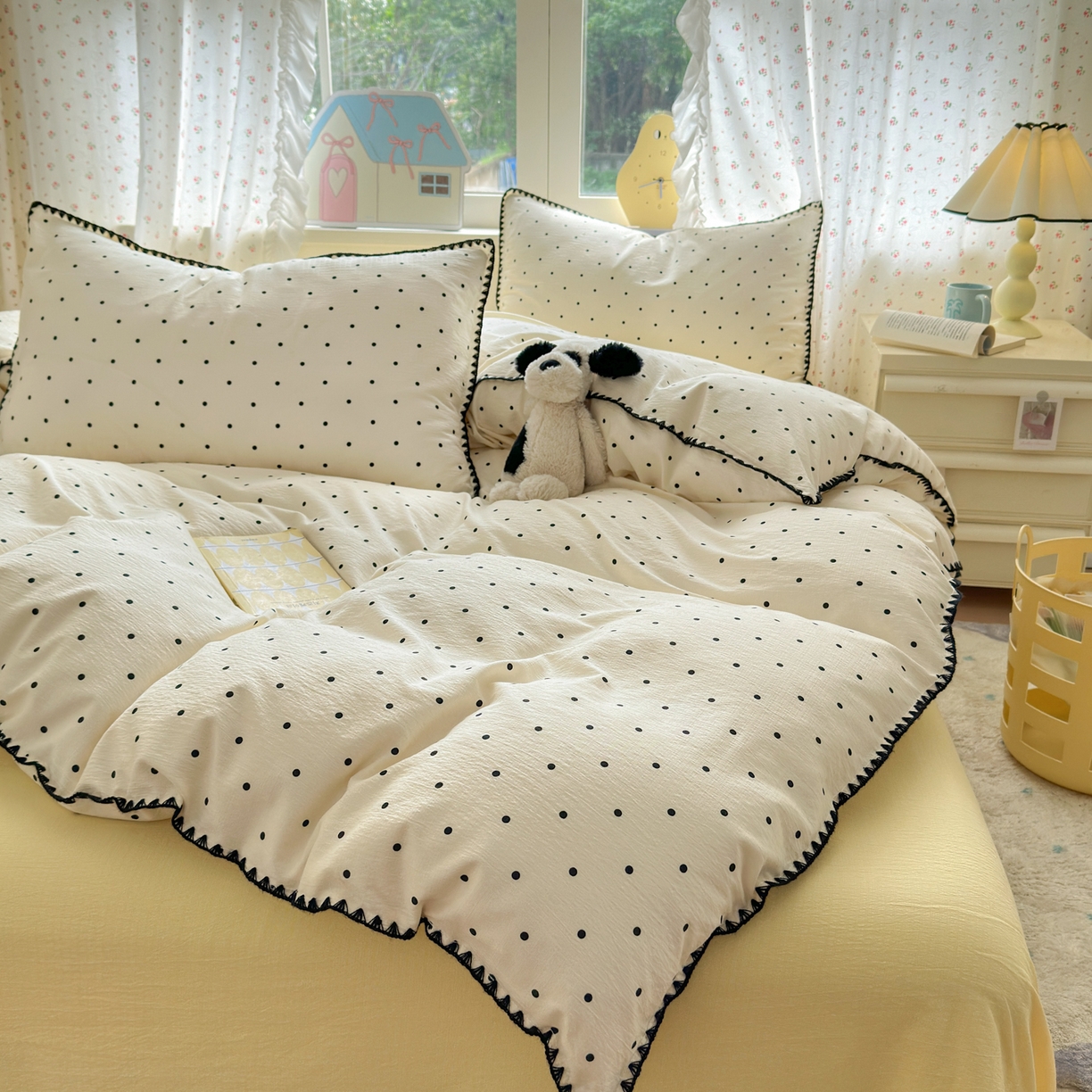 91家纺网 家纺一手货源 找家纺 喜颜 2025新款云感提花双层纱爆款贝壳边四件套 贝壳边-波点奶黄