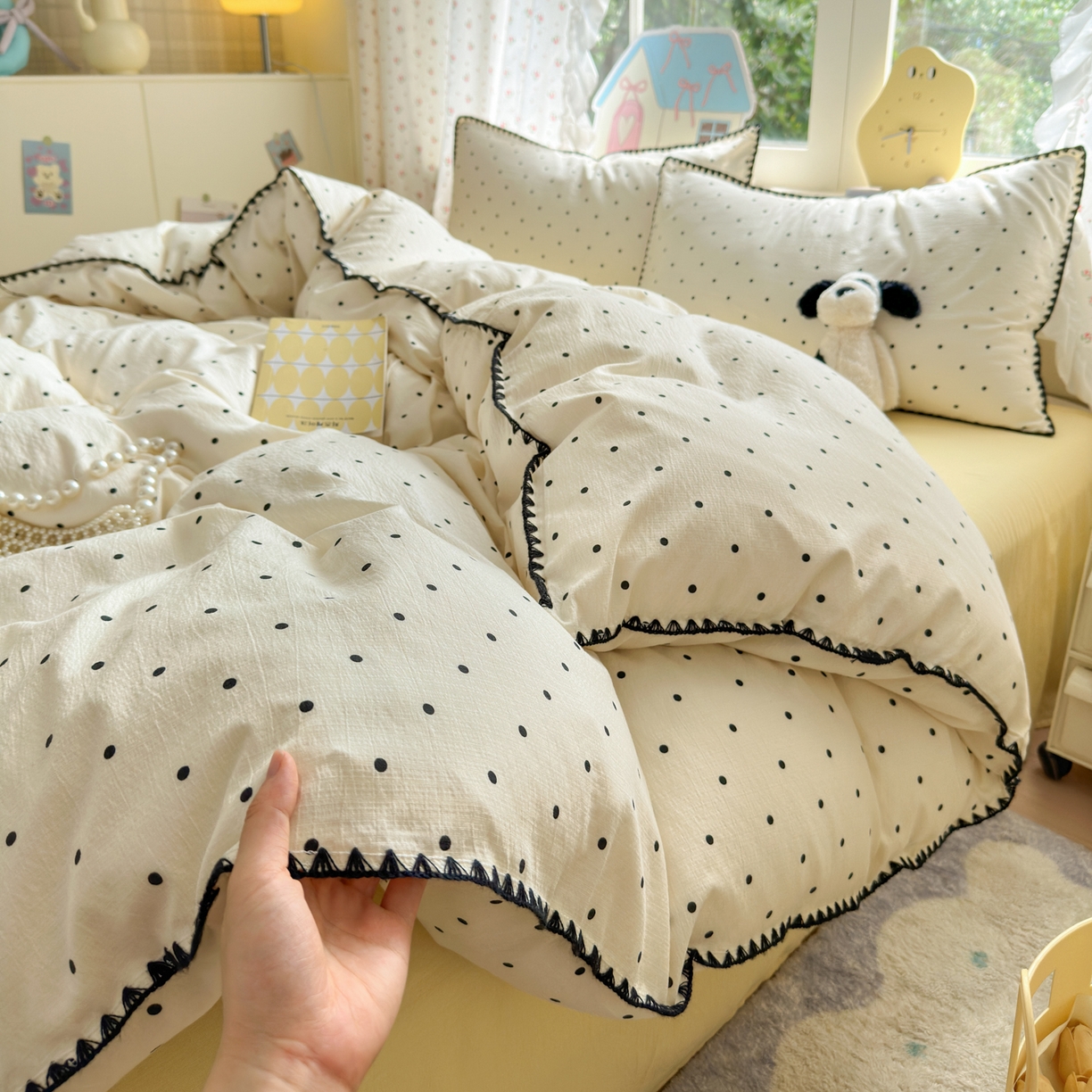 91家纺网 家纺一手货源 找家纺 喜颜 2025新款云感提花双层纱爆款贝壳边四件套 贝壳边-波点奶黄