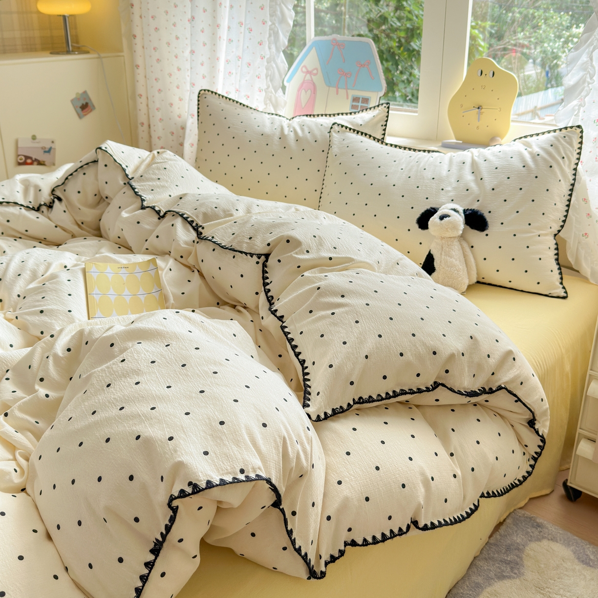 91家纺网 家纺一手货源 找家纺 喜颜 2025新款云感提花双层纱爆款贝壳边四件套 贝壳边-波点奶黄