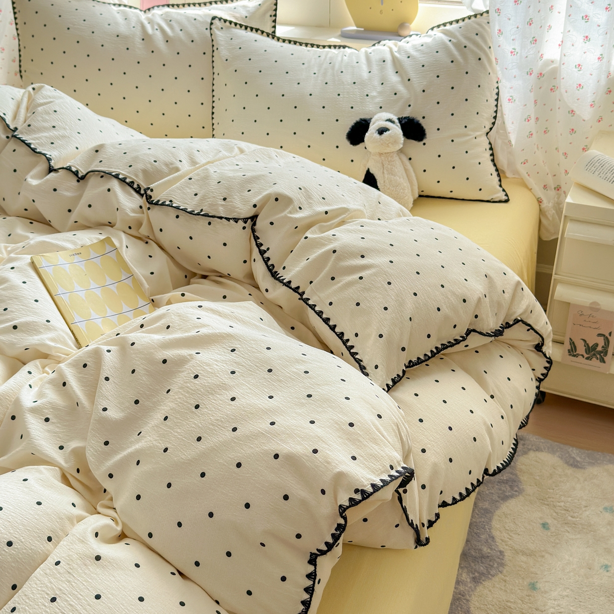 91家纺网 家纺一手货源 找家纺 喜颜 2025新款云感提花双层纱爆款贝壳边四件套 贝壳边-波点奶黄