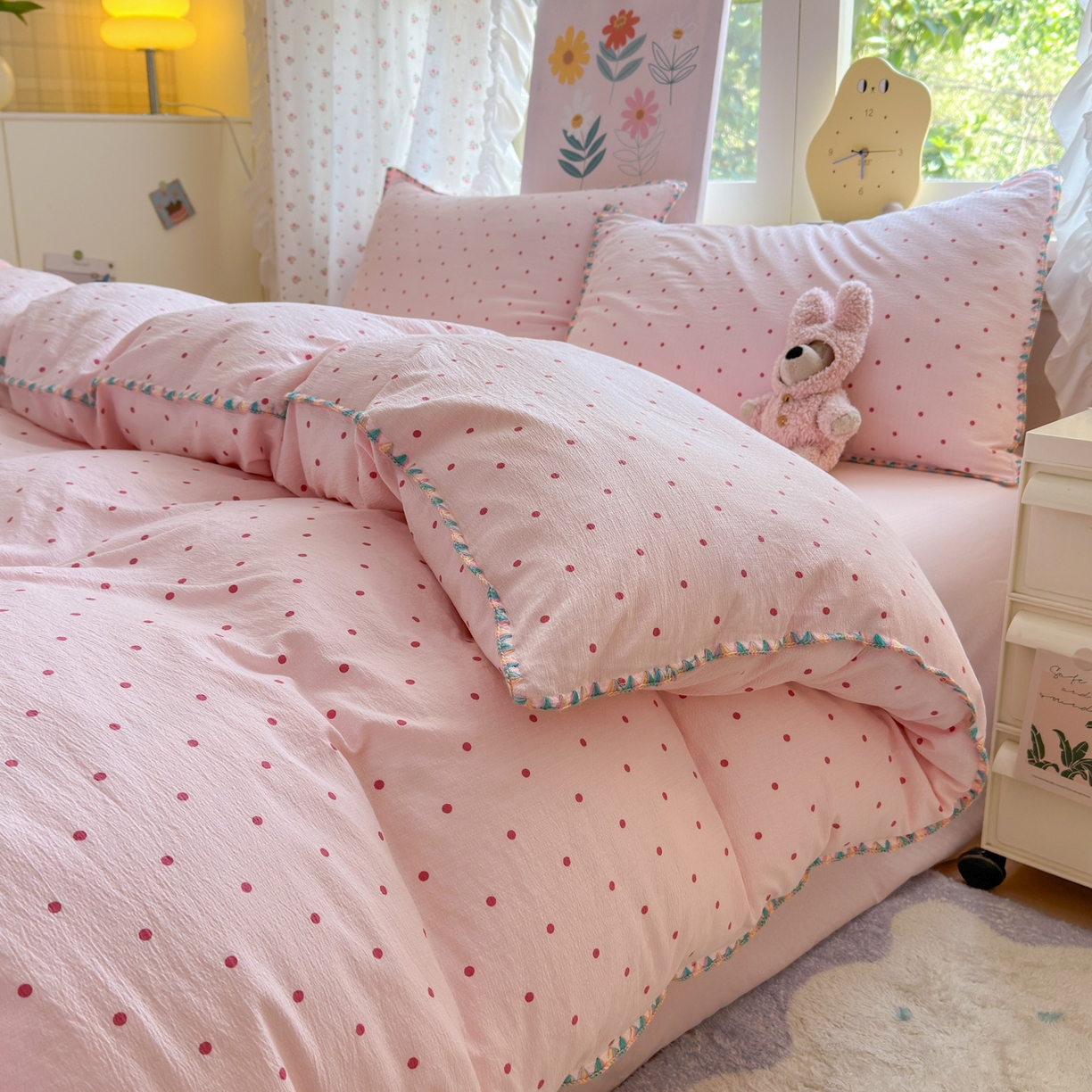 91家纺网 家纺一手货源 找家纺 喜颜 2025新款云感提花双层纱爆款贝壳边四件套 贝壳边-波点浅粉