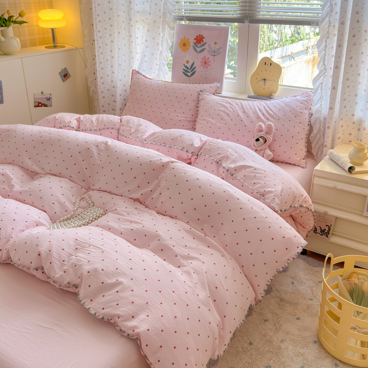 91家纺网 家纺一手货源 找家纺 喜颜 2025新款云感提花双层纱爆款贝壳边四件套 贝壳边-波点浅粉