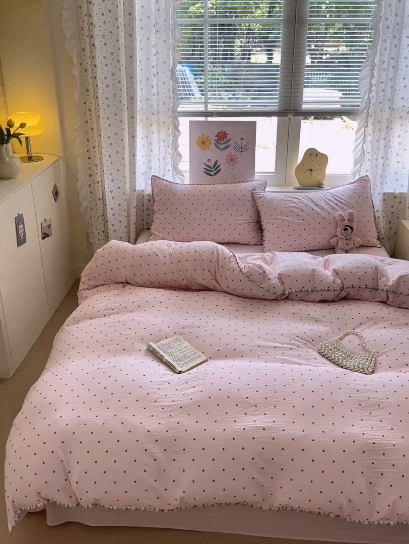 91家纺网 家纺一手货源 找家纺 喜颜 2025新款云感提花双层纱爆款贝壳边四件套 贝壳边-波点浅粉