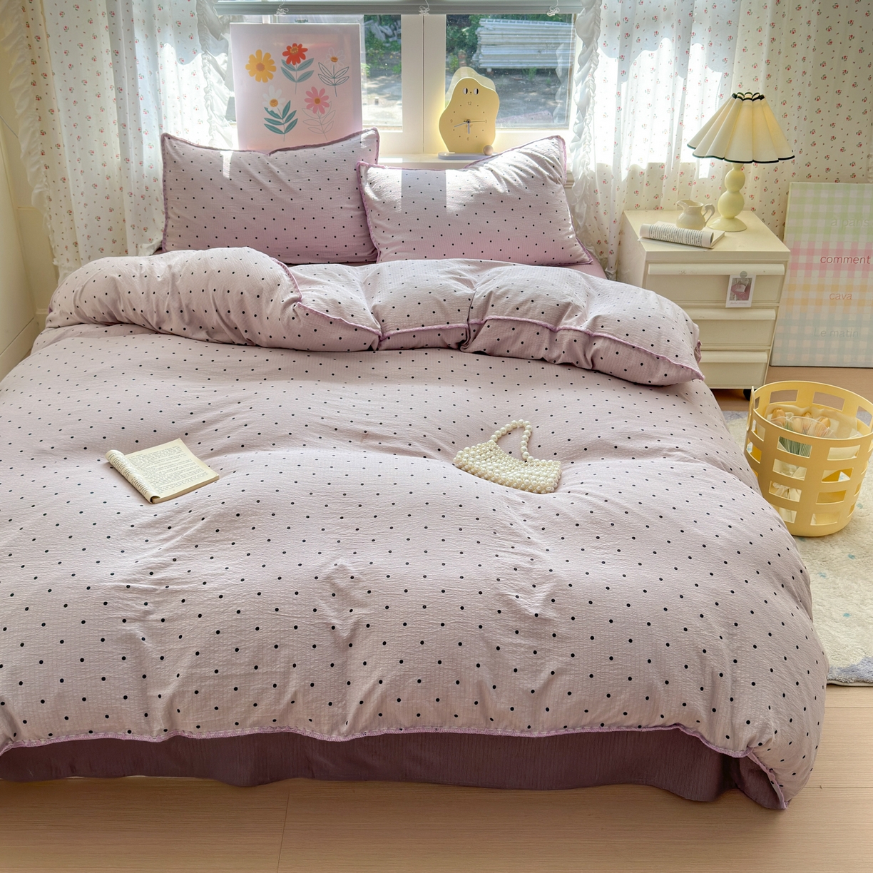 91家纺网 家纺一手货源 找家纺 喜颜 2025新款云感提花双层纱爆款贝壳边四件套 贝壳边-波点浅紫