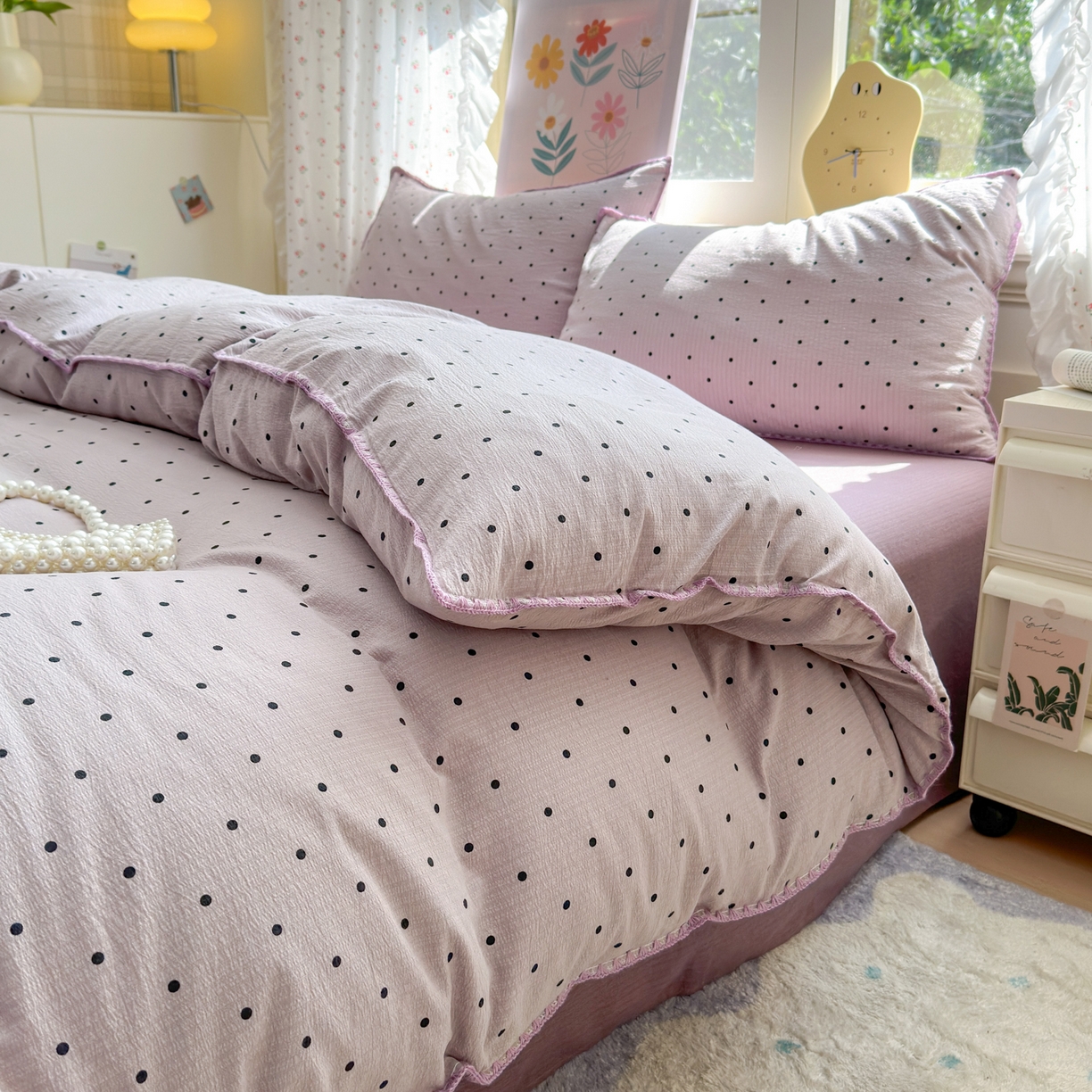 91家纺网 家纺一手货源 找家纺 喜颜 2025新款云感提花双层纱爆款贝壳边四件套 贝壳边-波点浅紫