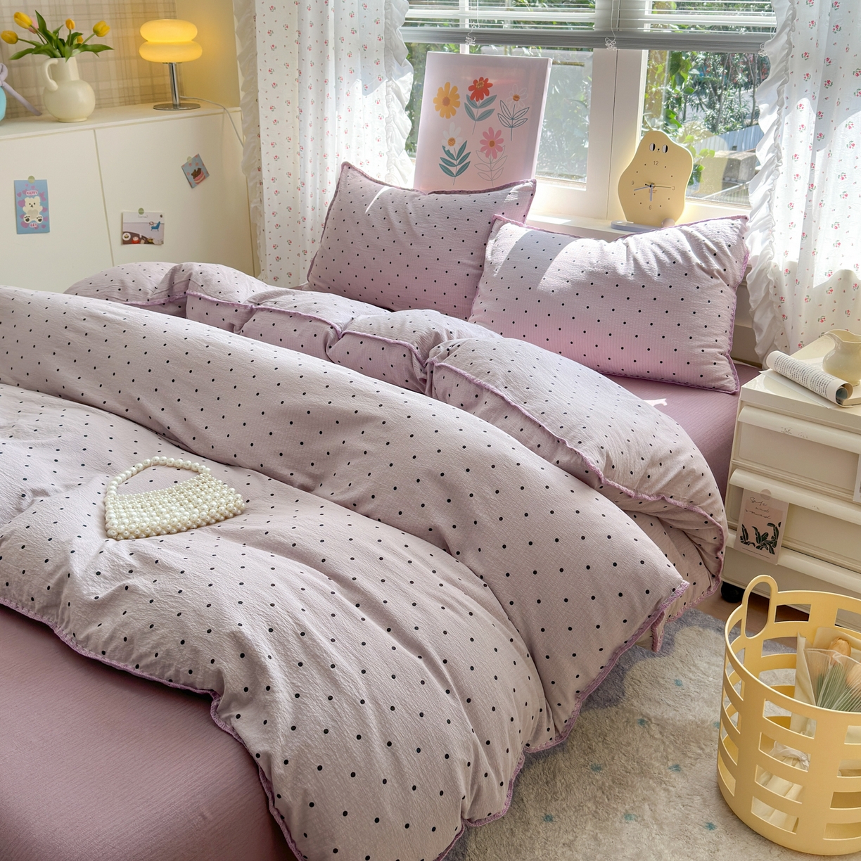 91家纺网 家纺一手货源 找家纺 喜颜 2025新款云感提花双层纱爆款贝壳边四件套 贝壳边-波点浅紫