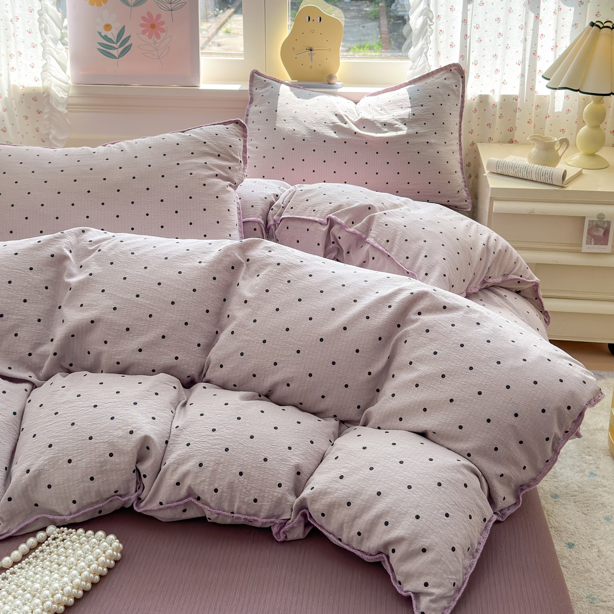 91家纺网 家纺一手货源 找家纺 喜颜 2025新款云感提花双层纱爆款贝壳边四件套 贝壳边-波点浅紫