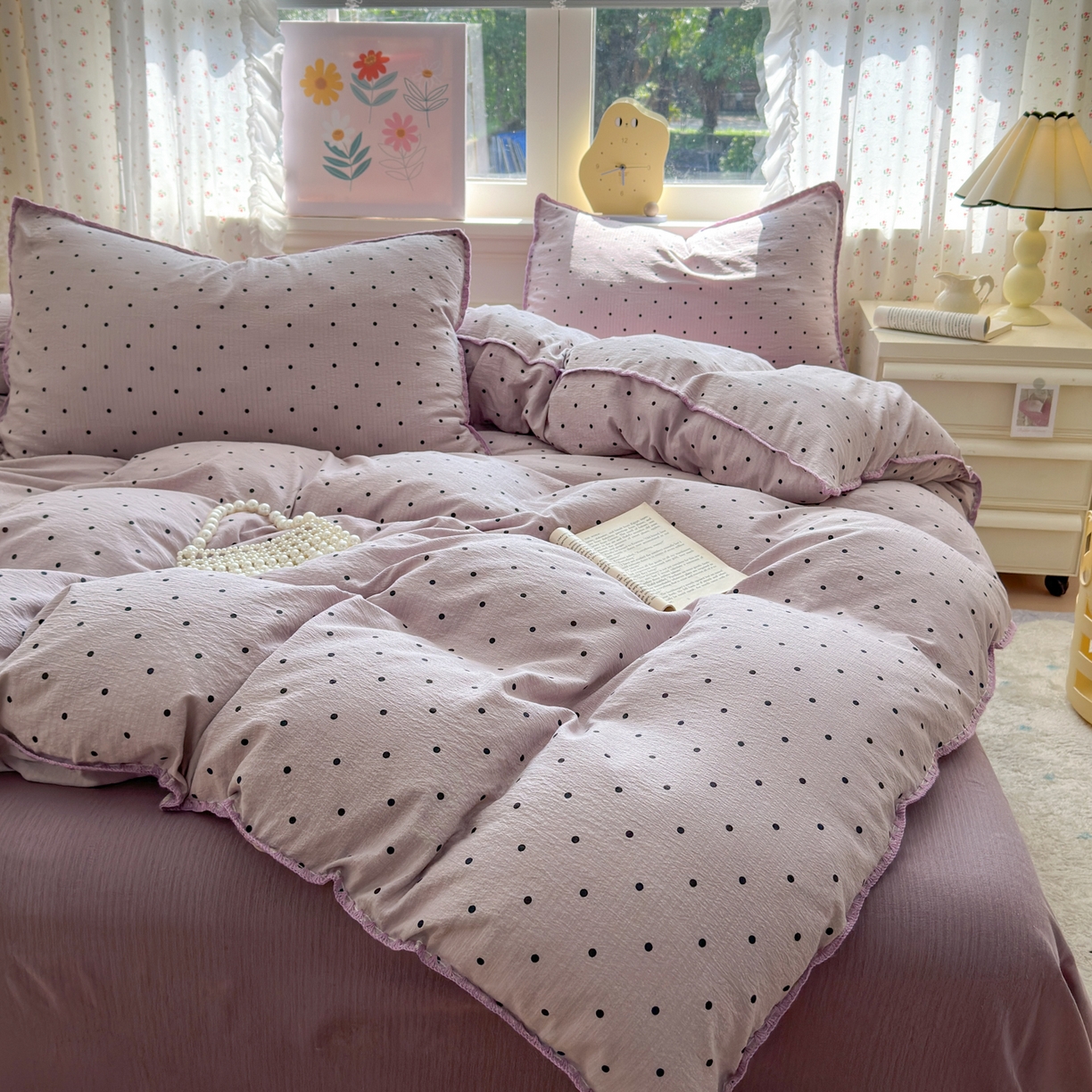 91家纺网 家纺一手货源 找家纺 喜颜 2025新款云感提花双层纱爆款贝壳边四件套 贝壳边-波点浅紫