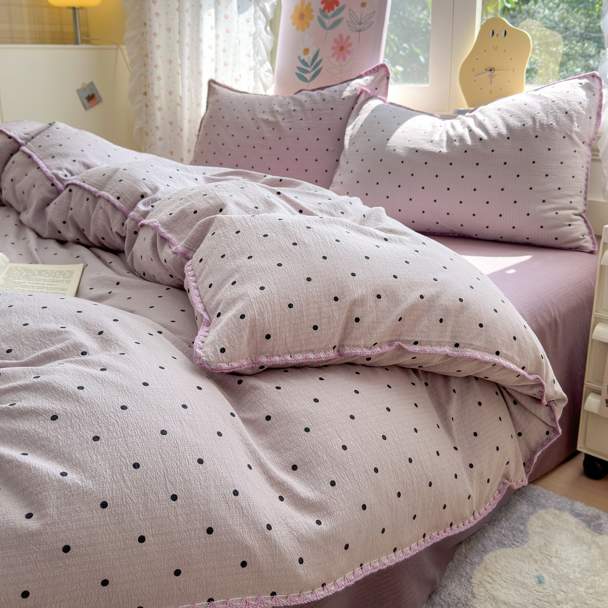 91家纺网 家纺一手货源 找家纺 喜颜 2025新款云感提花双层纱爆款贝壳边四件套 贝壳边-波点浅紫