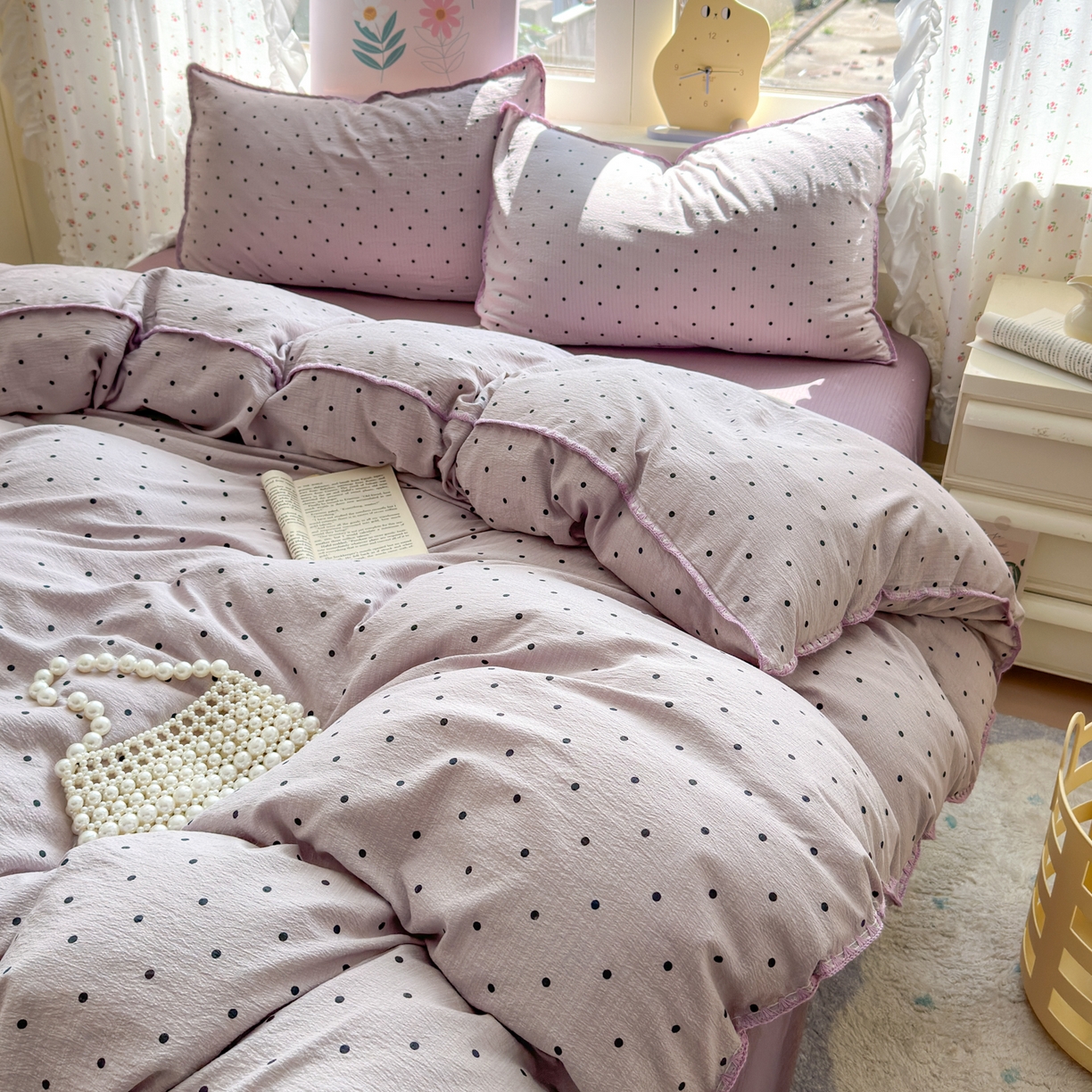 91家纺网 家纺一手货源 找家纺 喜颜 2025新款云感提花双层纱爆款贝壳边四件套 贝壳边-波点浅紫